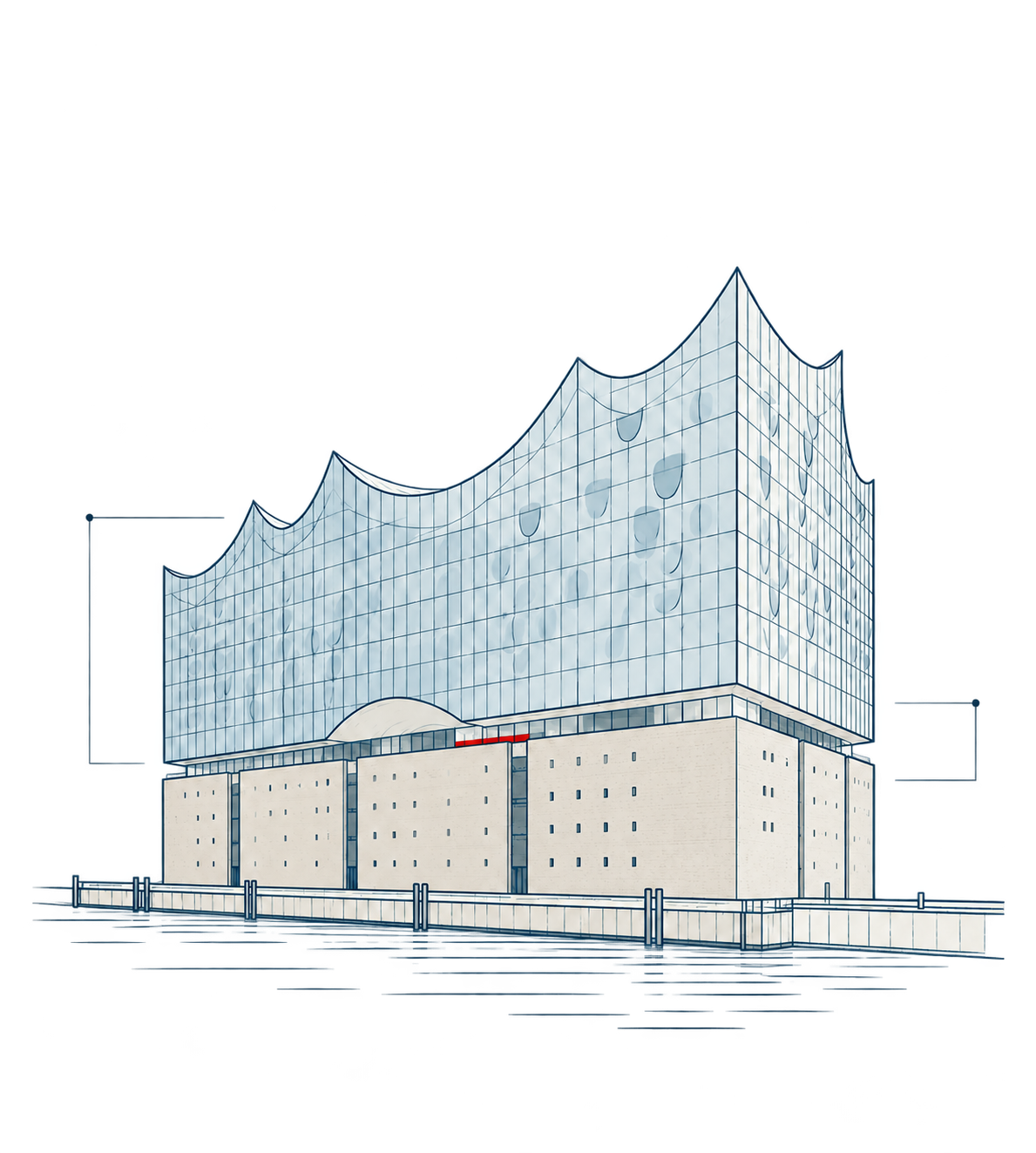 Feine Architekturzeichnung der Hamburger Elbphilharmonie in Petrol und Creme mit einem roten Akzent