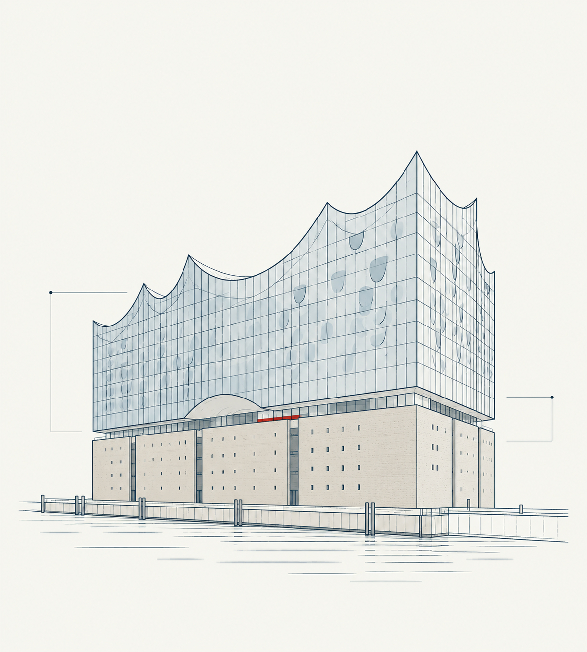 Feine Architekturzeichnung der Hamburger Elbphilharmonie in Petrol und Creme mit einem roten Akzent